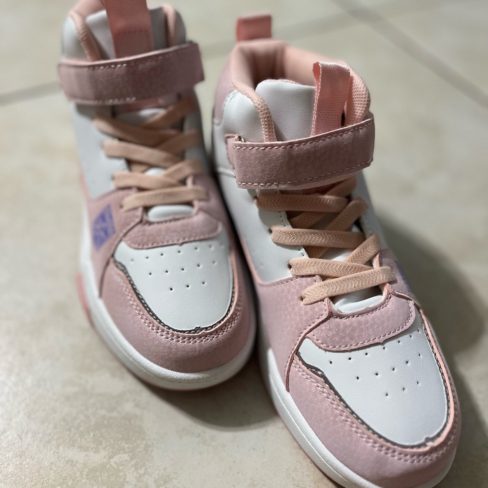 Pink and White High-Top Sneakers with Velcro Strap